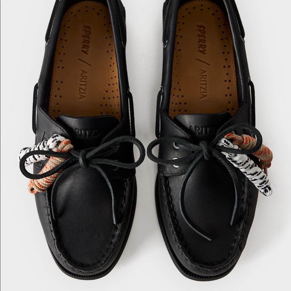 Black Sperry x Aritzia AO boat shoe. Limited edition. Currently sold in store.